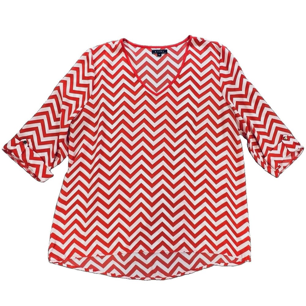 Kiara Chevron V-Neck 3/4 Sleeve Tunic Blouse XL Coral White Flowy
